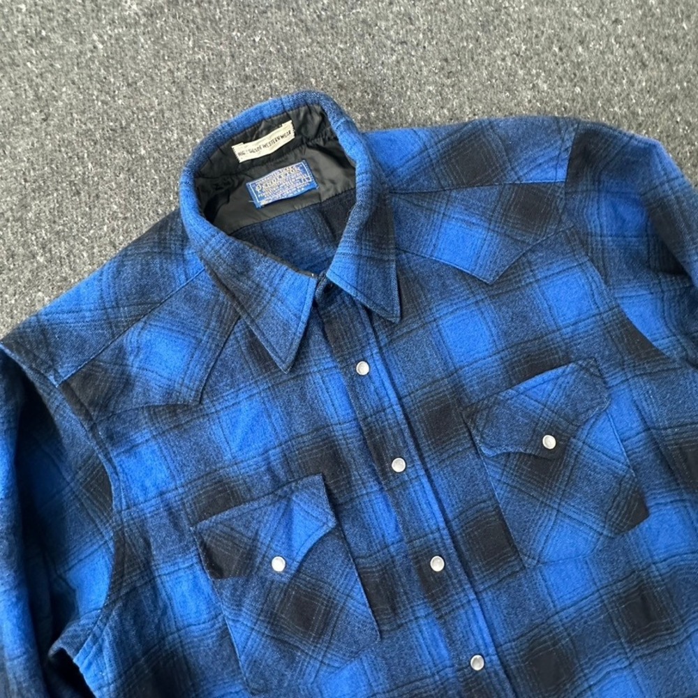 VTG Pendleton High Grade Western Shirt Large Wool Pearl Snap Blue Shadow Plaid